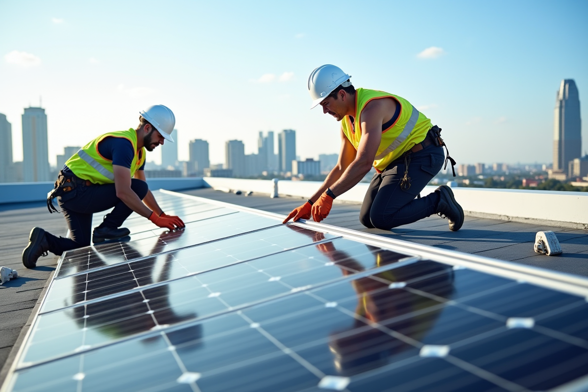 Professionnels installant des panneaux solaires sur un toit urbain