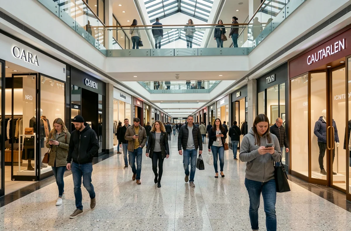 Intérieur animé d'un centre commercial moderne près de Montparnasse avec des acheteurs parisiens dans un vaste atrium