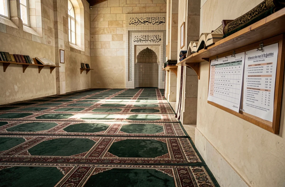 Intérieur d'une salle de prière de mosquée à Roubaix avec tableau des horaires affiché