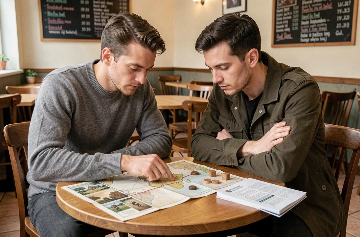 Deux hommes concentrés sur une partie de jeu de guerre coopératif dans un café, analysant ensemble une carte de campagne