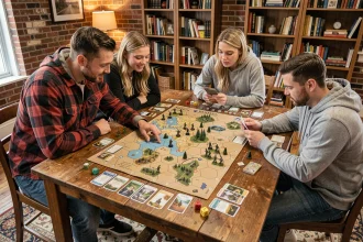 Groupe d'adultes jouant ensemble à un jeu de stratégie coopératif sur plateau autour d'une grande table en bois dans un salon chaleureux