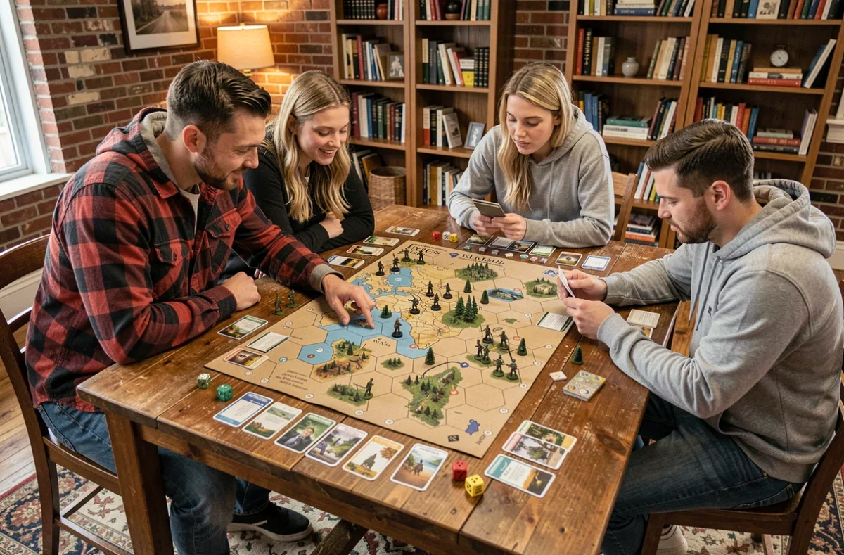 Groupe d'adultes jouant ensemble à un jeu de stratégie coopératif sur plateau autour d'une grande table en bois dans un salon chaleureux