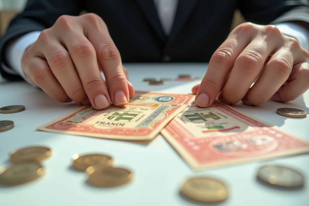 Mains manipulant des billets francs et cartes de propriété Monopoly vintage