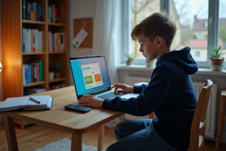 Jeune garçon en hoodie bleu utilisant un ordinateur portable dans sa chambre