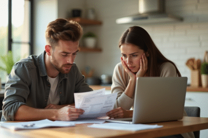 Jeune couple regardant des factures dans un appartement lumineux