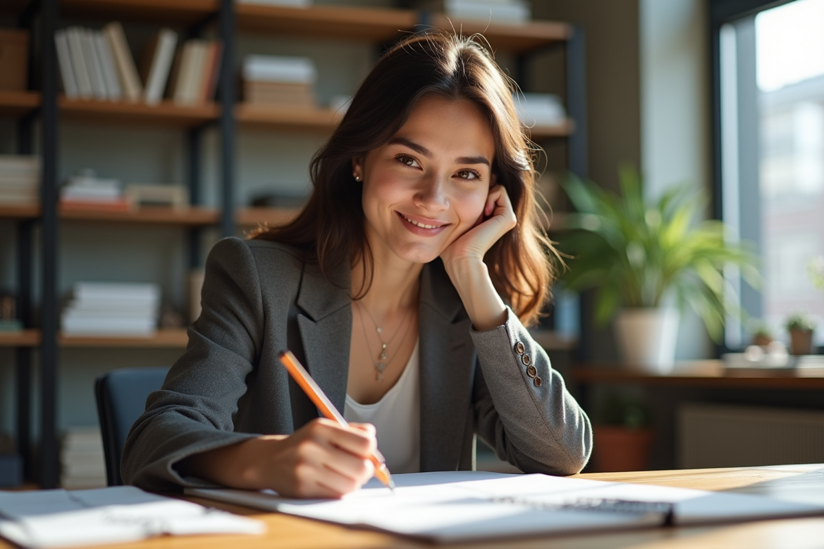 Jeune femme designer souriante dans son bureau lumineux