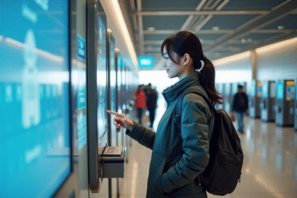 Jeune femme asiatique utilisant un kiosque de check-in à l'aéroport