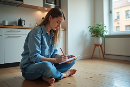 Jeune femme en intérieur aménagé avec mètre et notes