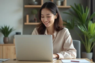 Jeune femme au bureau à domicile vérifiant son écran