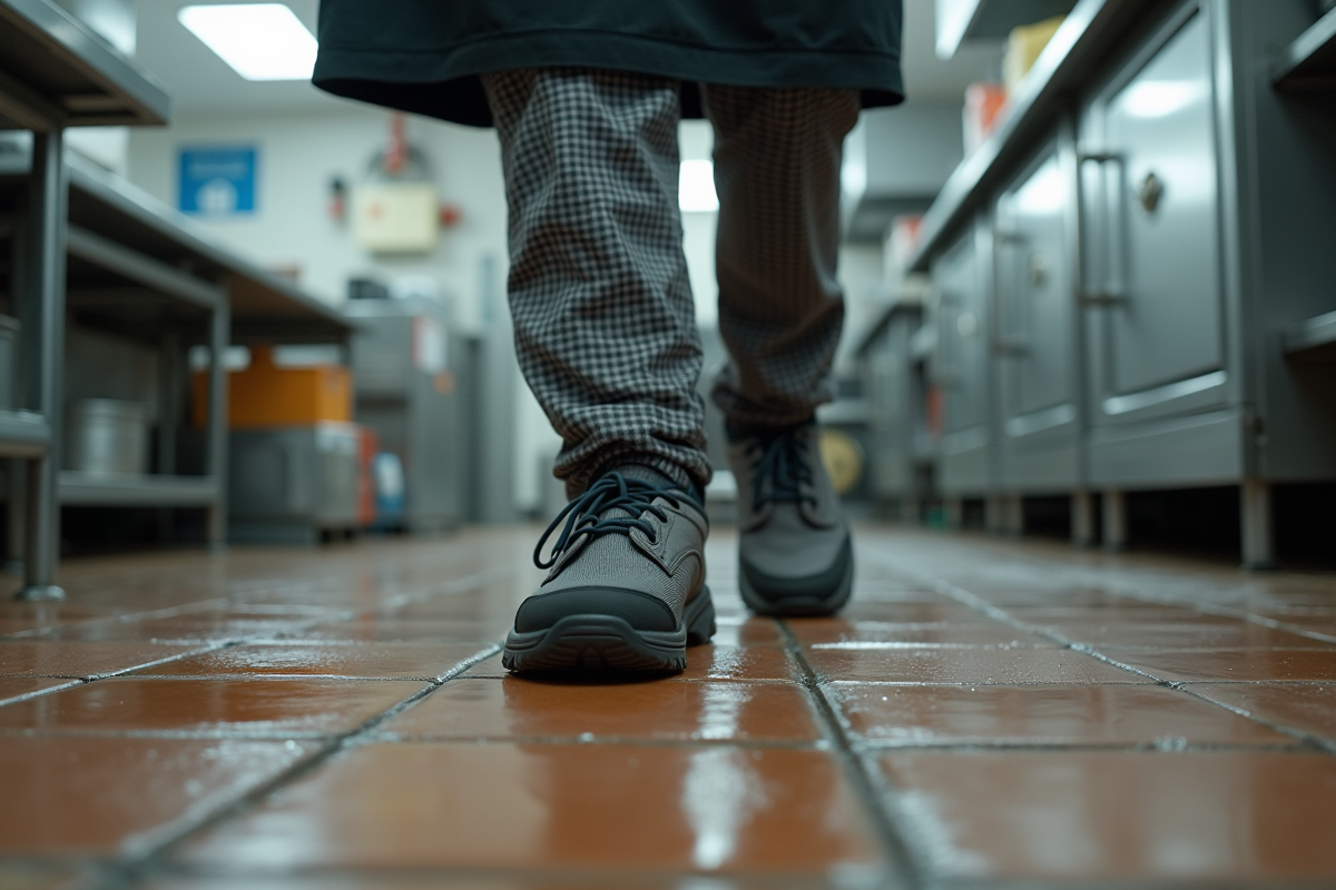 Jeune femme en cuisine montrant ses chaussures antiderapantes