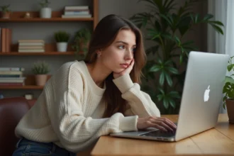 Jeune femme concentrée sur son ordinateur dans un bureau cosy
