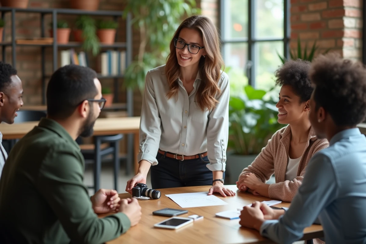 Jeune entrepreneure présentant un prototype à une équipe