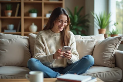 Jeune femme souriante lisant son smartphone dans un salon cosy