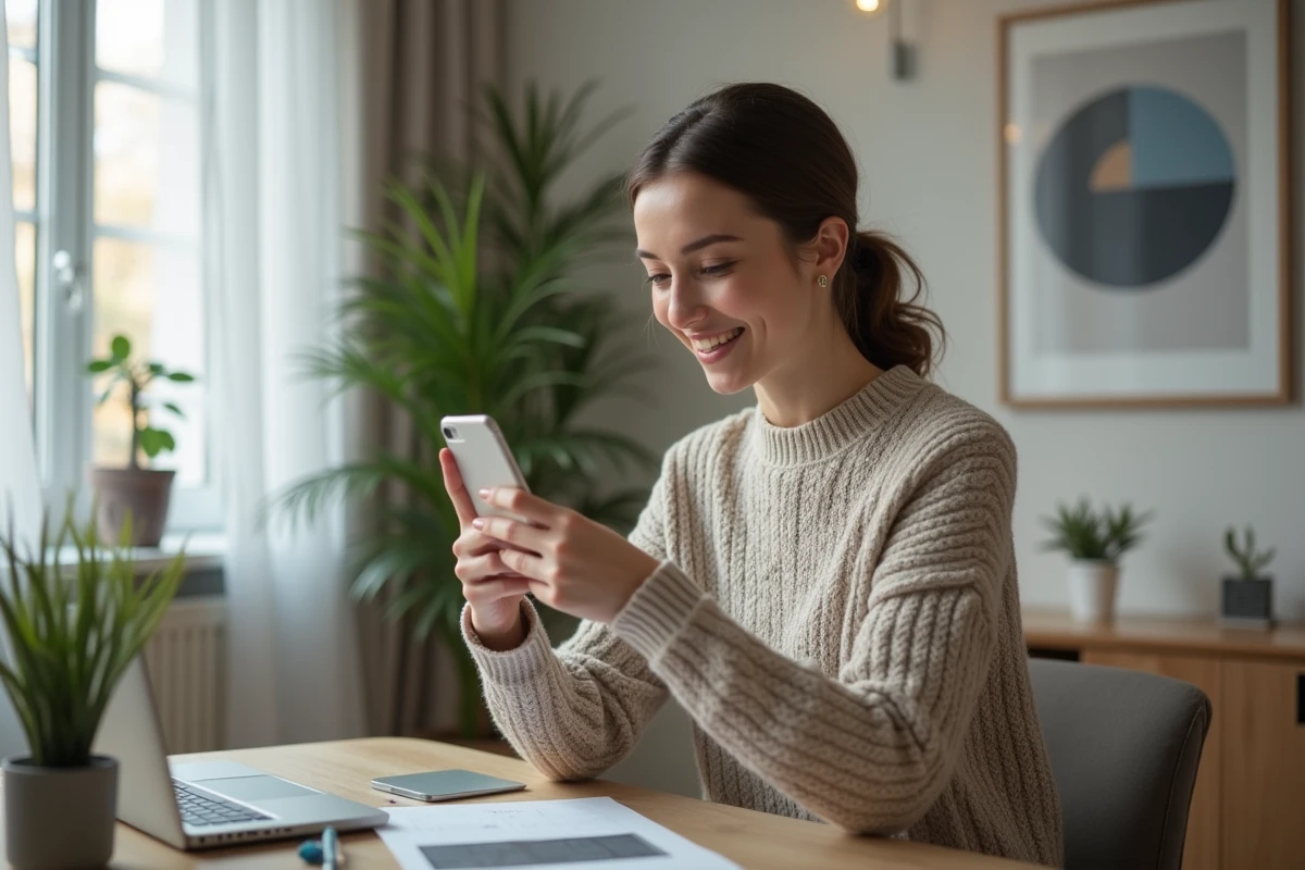 Jeune femme souriante avec smartphone dans un appartement moderne
