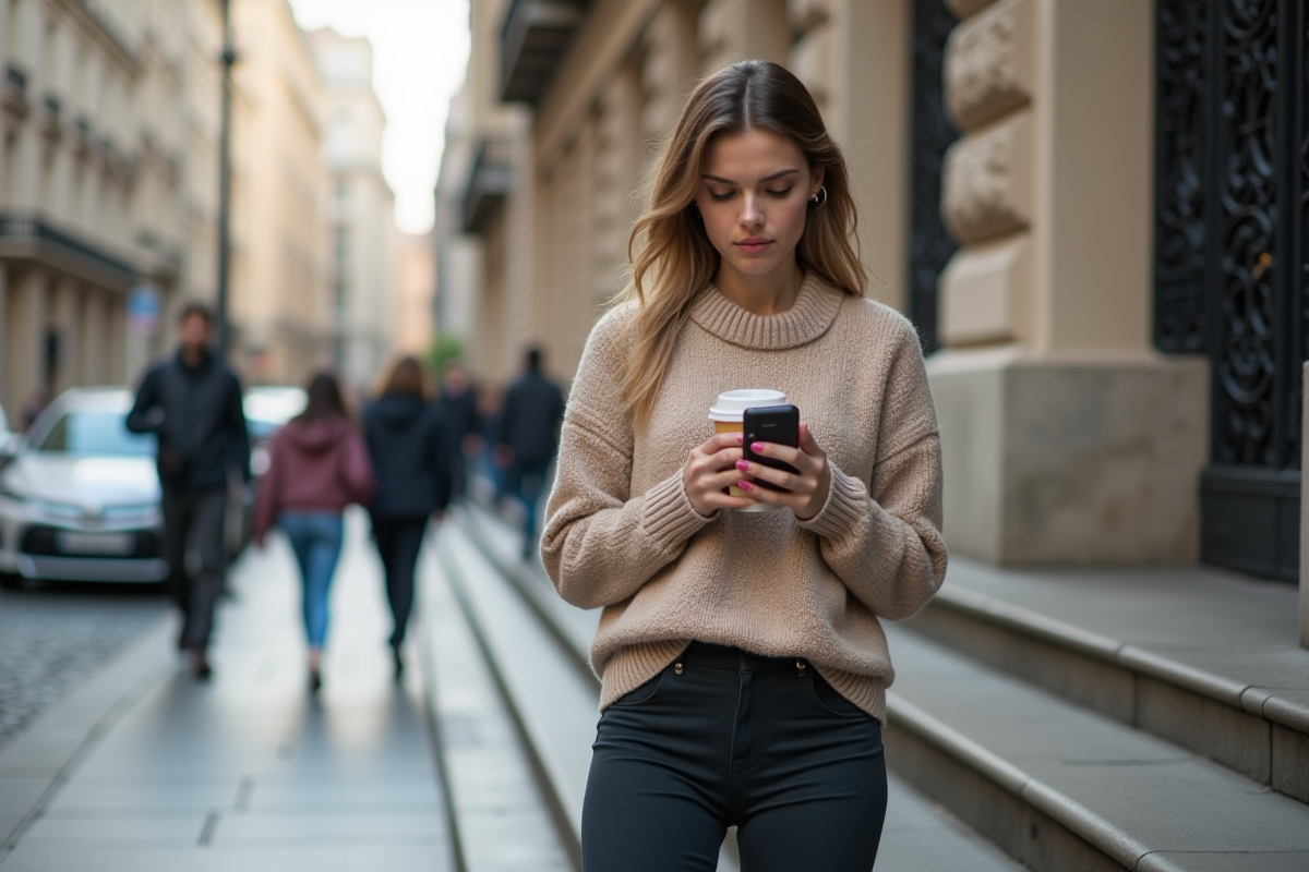 Jeune femme avec smartphone et café devant un bâtiment historique
