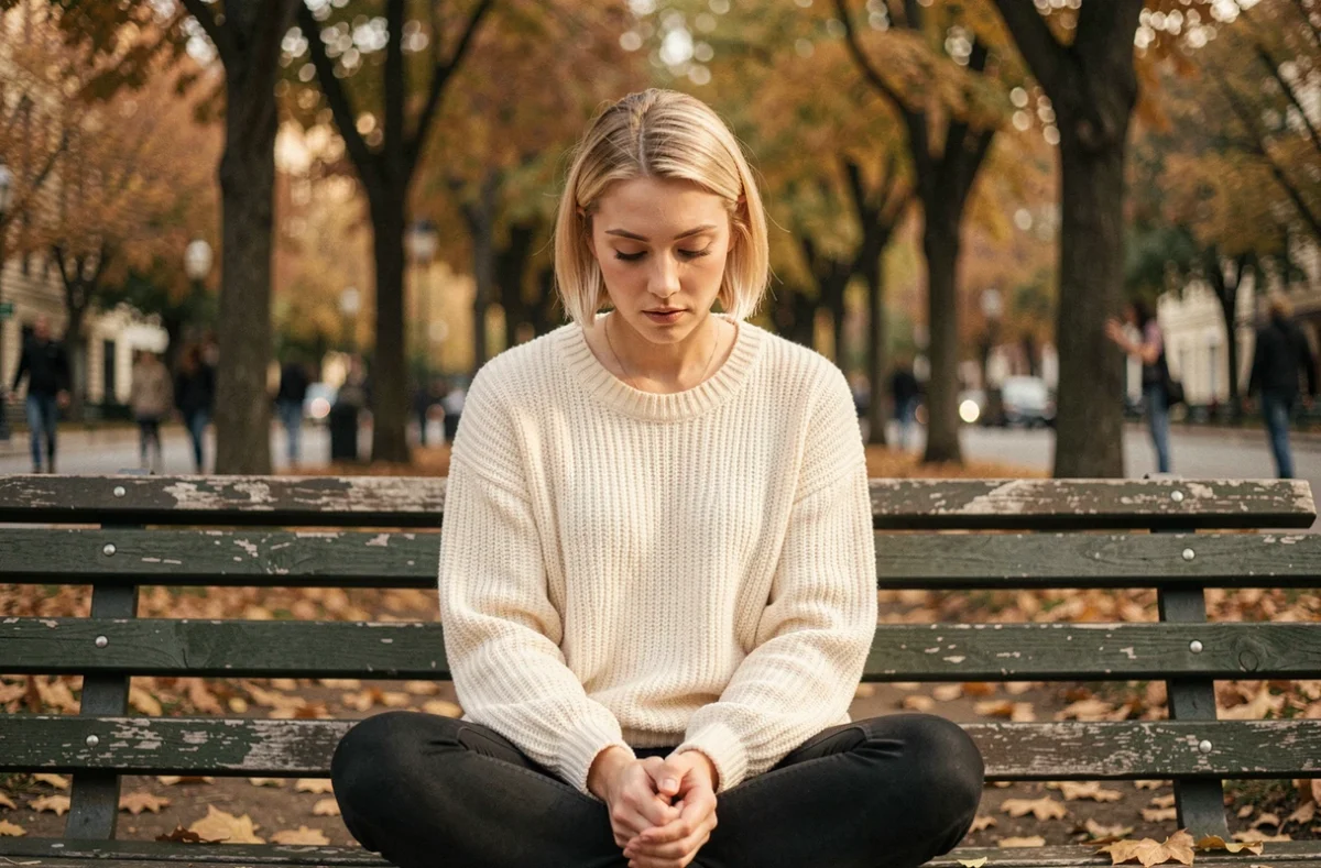 Jeune femme aux yeux baissés assise sur un banc de parc en automne, regard vers les mains évoquant une réflexion émotionnelle intérieure