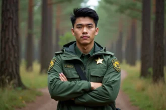Jeune homme en uniforme de garde forestier dans la forêt