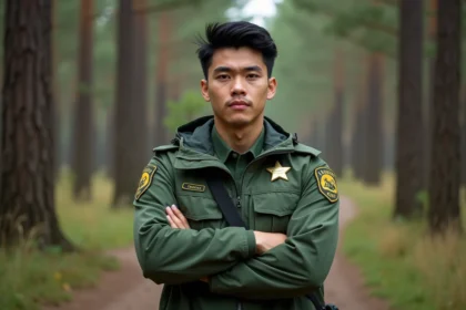 Jeune homme en uniforme de garde forestier dans la forêt