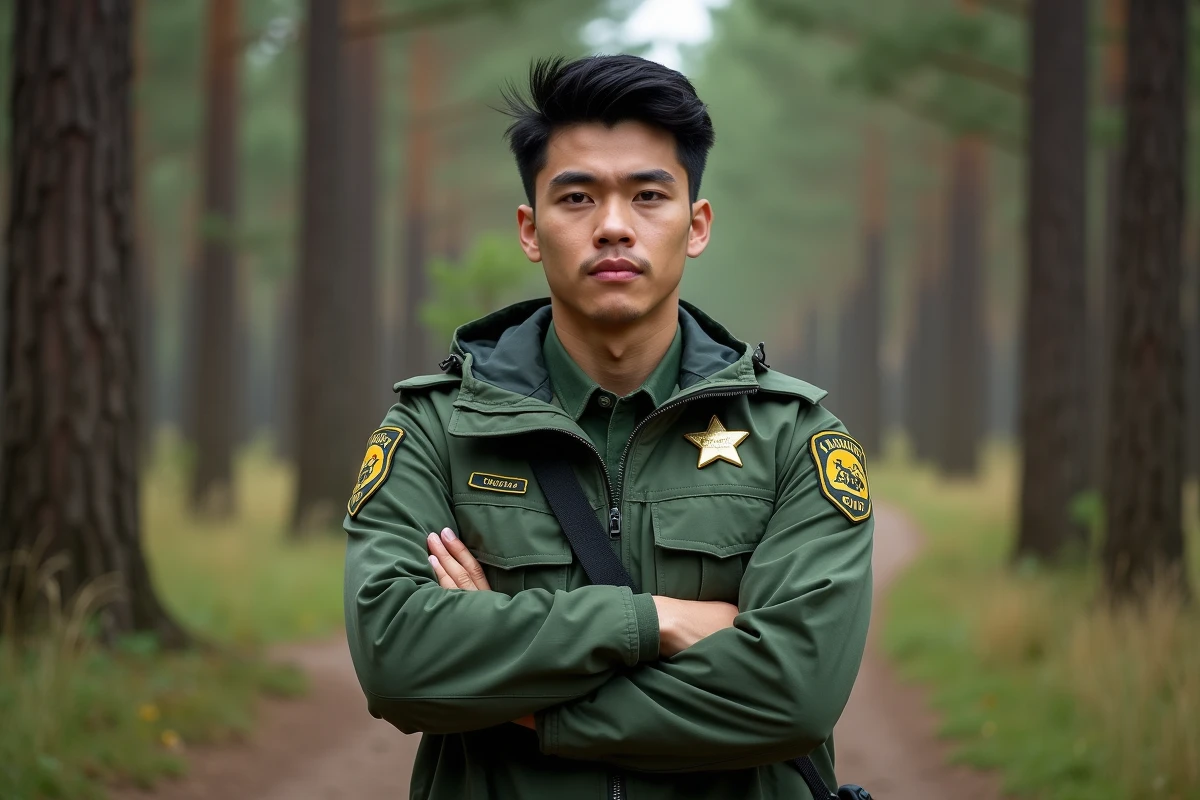 Jeune homme en uniforme de garde forestier dans la forêt