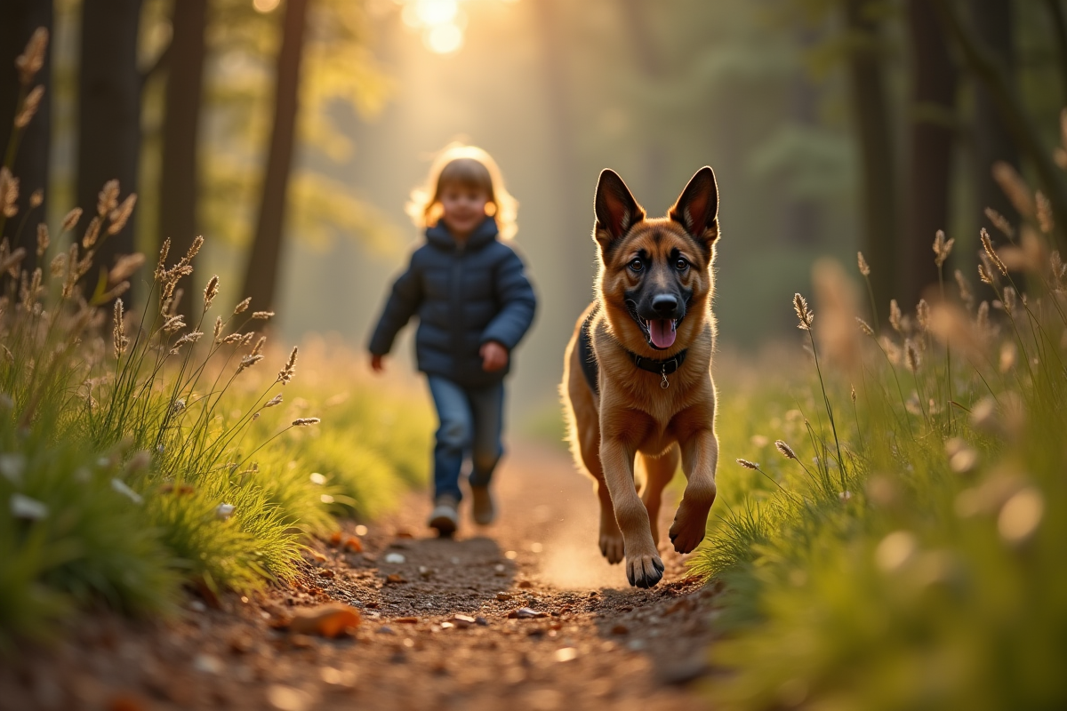 Jeune German Shepherd courant avec un enfant en forêt