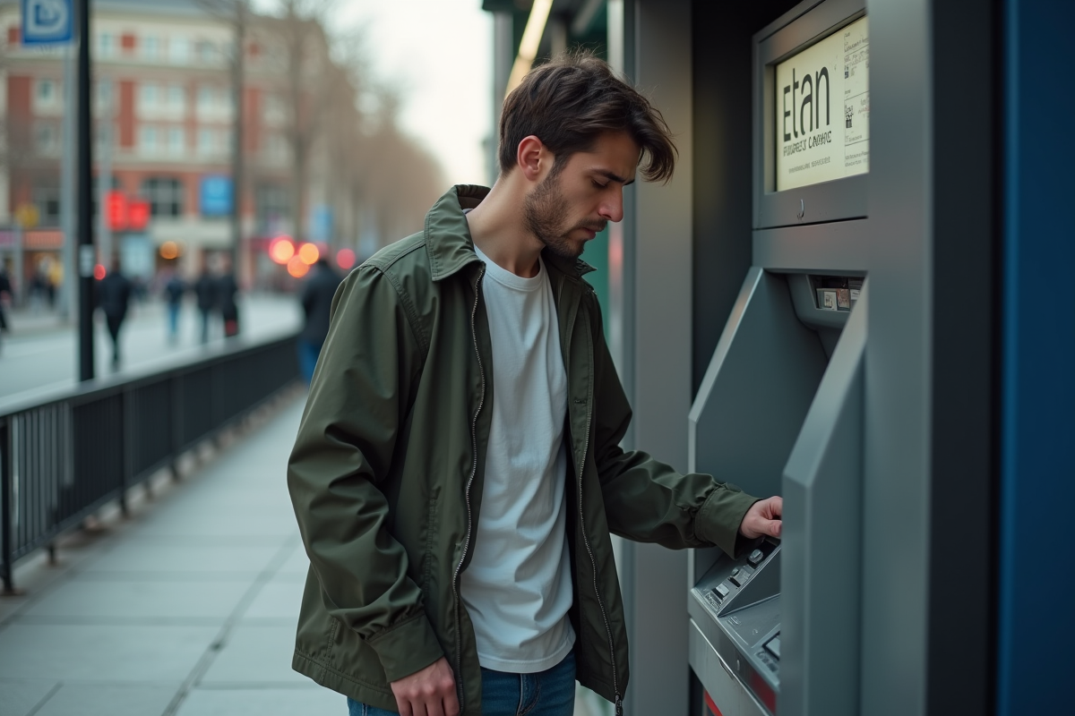 Jeune homme utilisant un distributeur automatique en ville