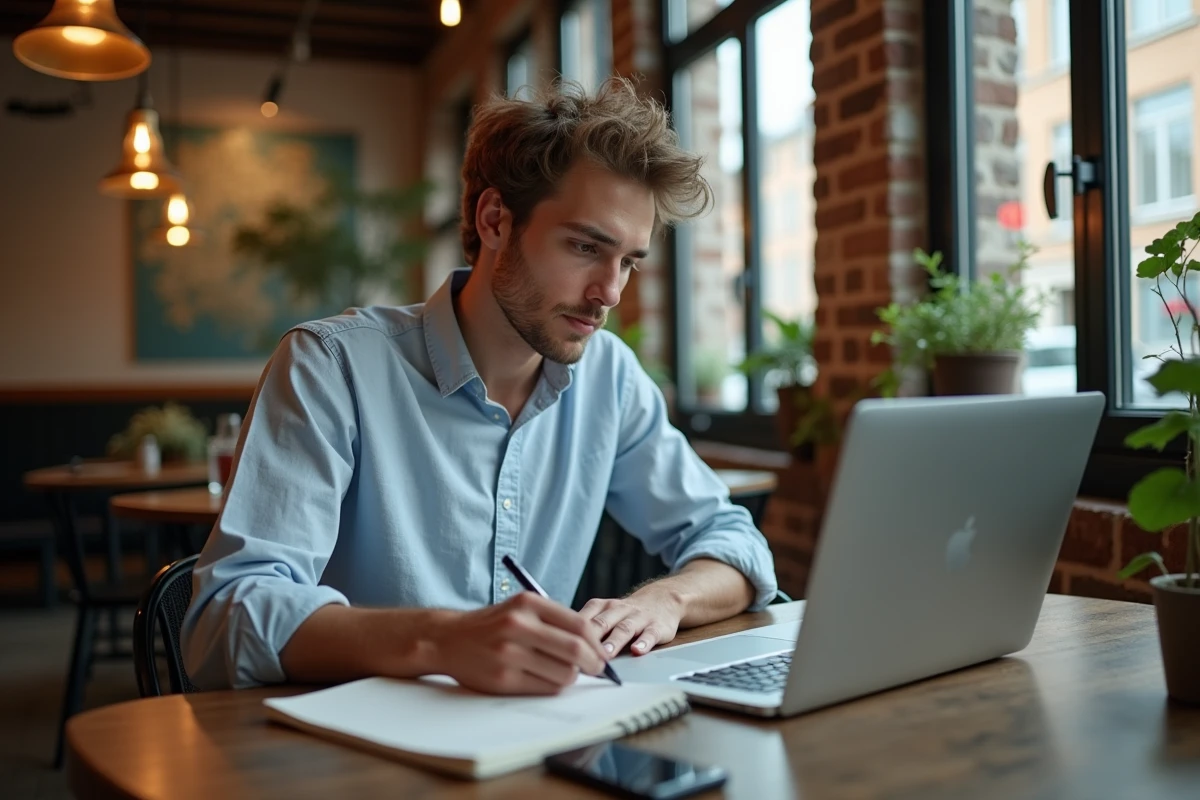 Jeune homme étudiant dans un café avec ordinateur portable
