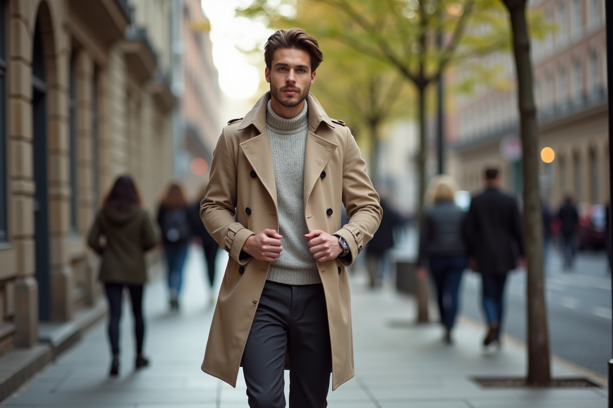 Jeune homme en trench beige dans une rue urbaine au printemps