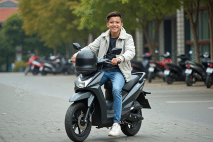 Jeune garçon en moto 50cc en extérieur détendu
