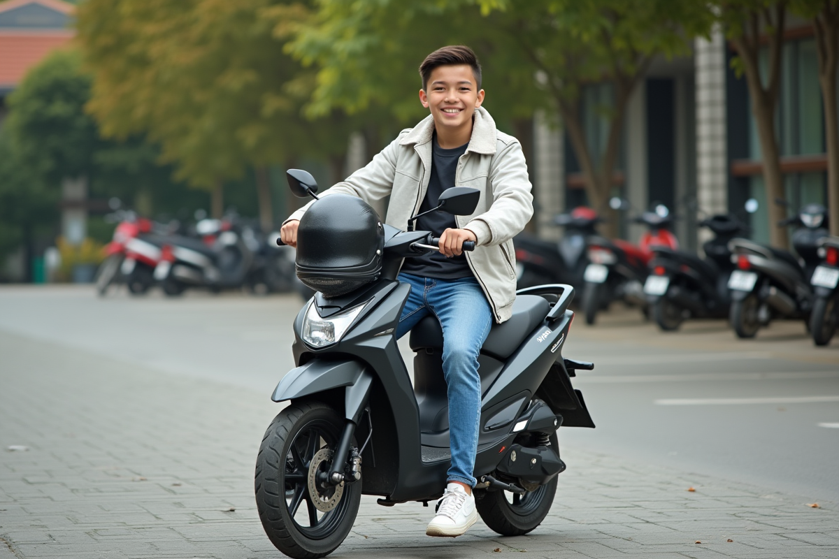 Jeune garçon en moto 50cc en extérieur détendu