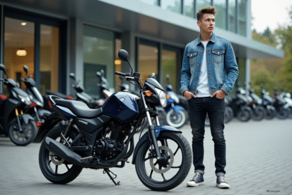 Jeune homme en denim avec moto neuve devant concession
