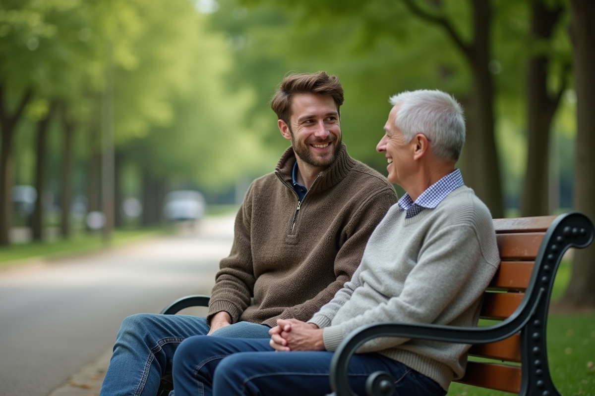 Jeune homme écoutant un senior dans un parc