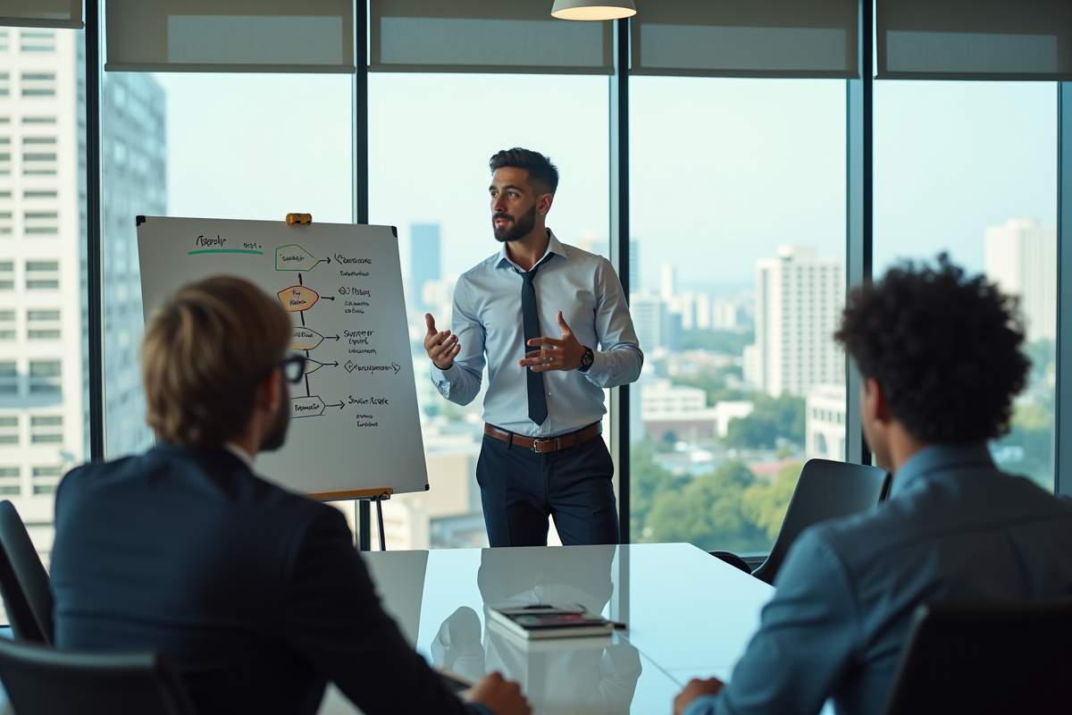 Jeune homme expliquant un flowchart à ses collègues en réunion
