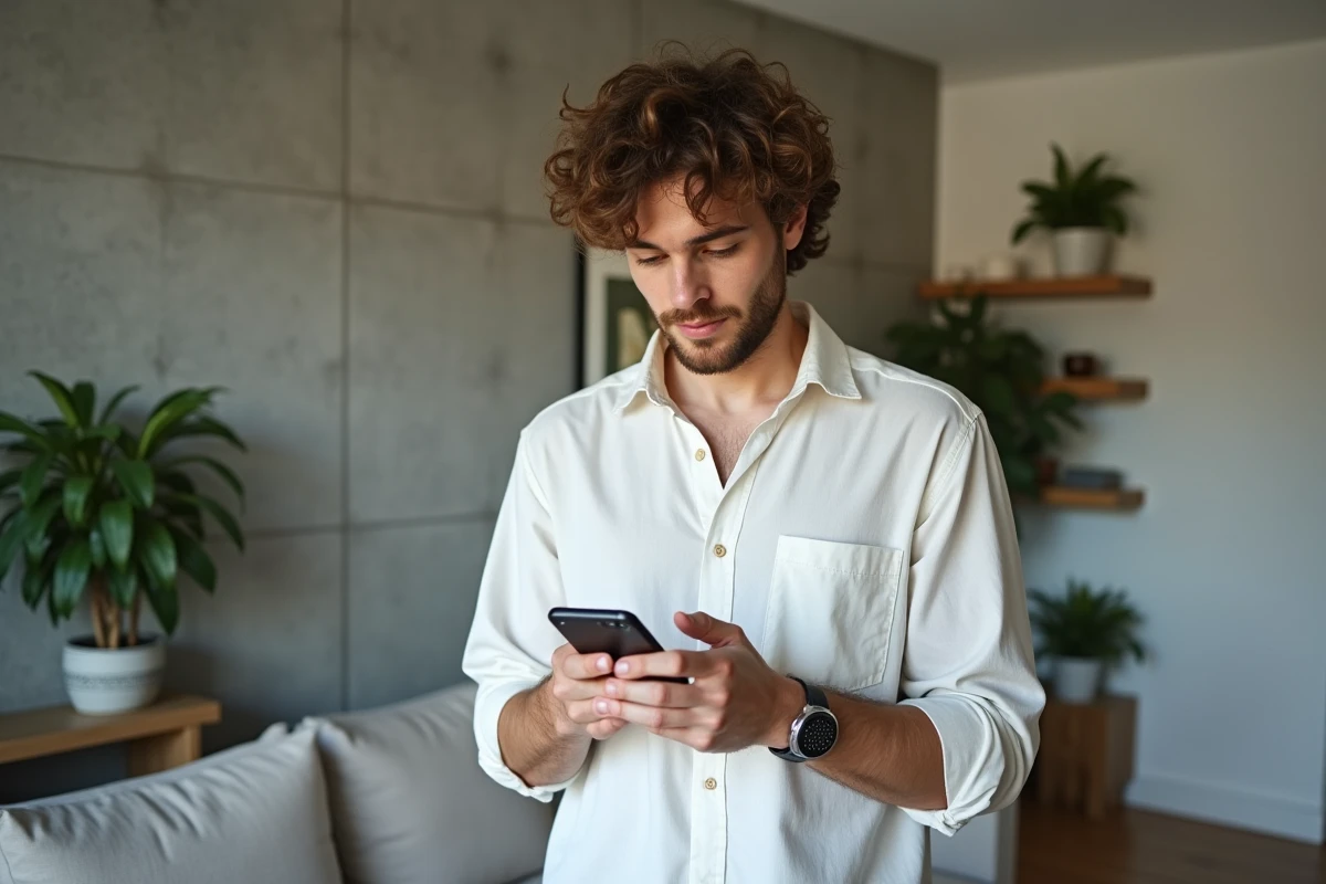 Jeune homme écoutant Skyrock en streaming via une enceinte connectée et son smartphone dans un salon contemporain