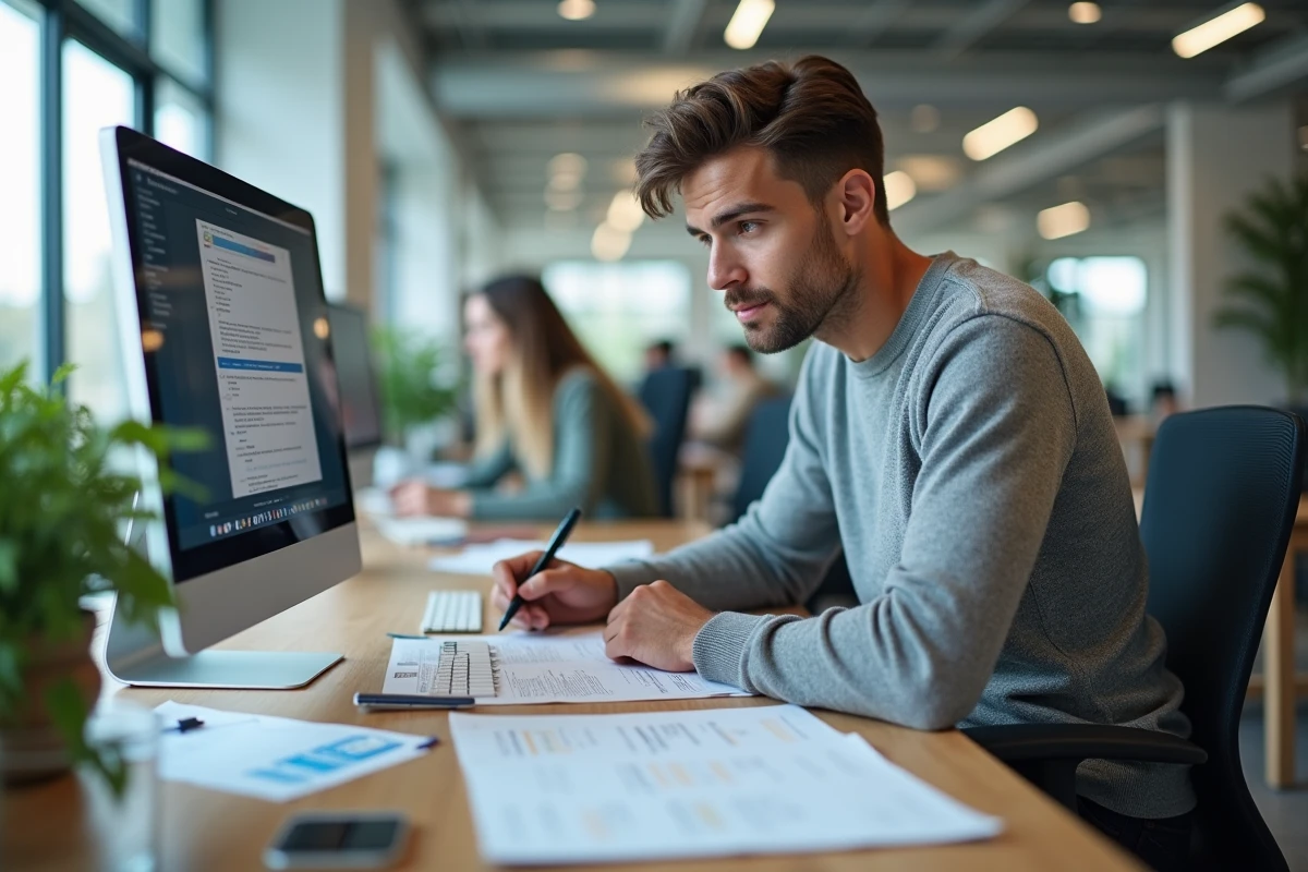Jeune homme relisant un document au bureau