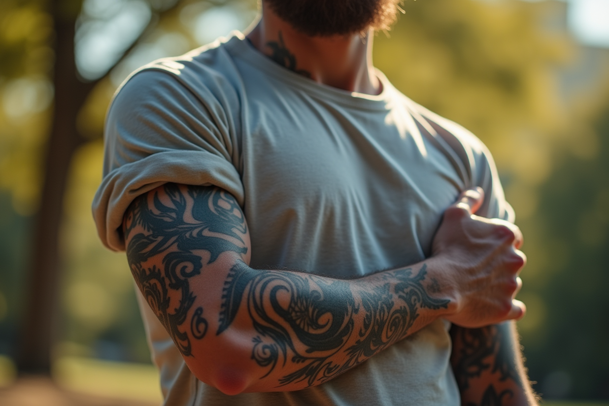 Jeune homme montrant ses tatouages en extérieur en été