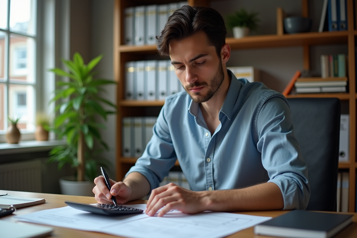 Jeune homme en bureau à domicile analysant un formulaire immobilier