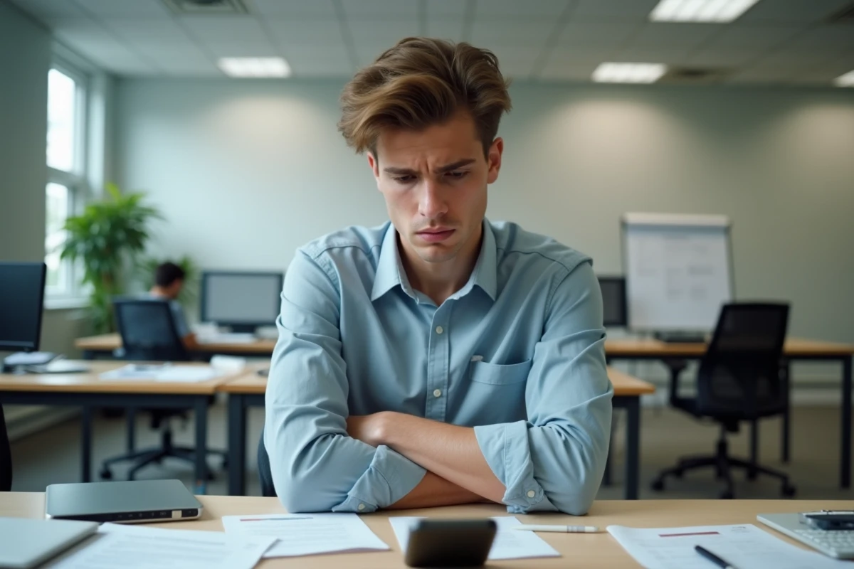 Jeune professionnel préoccupé face à un appel manqué de numéro inconnu au bureau