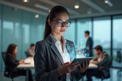 Jeune femme professionnelle avec réalité augmentée en bureau