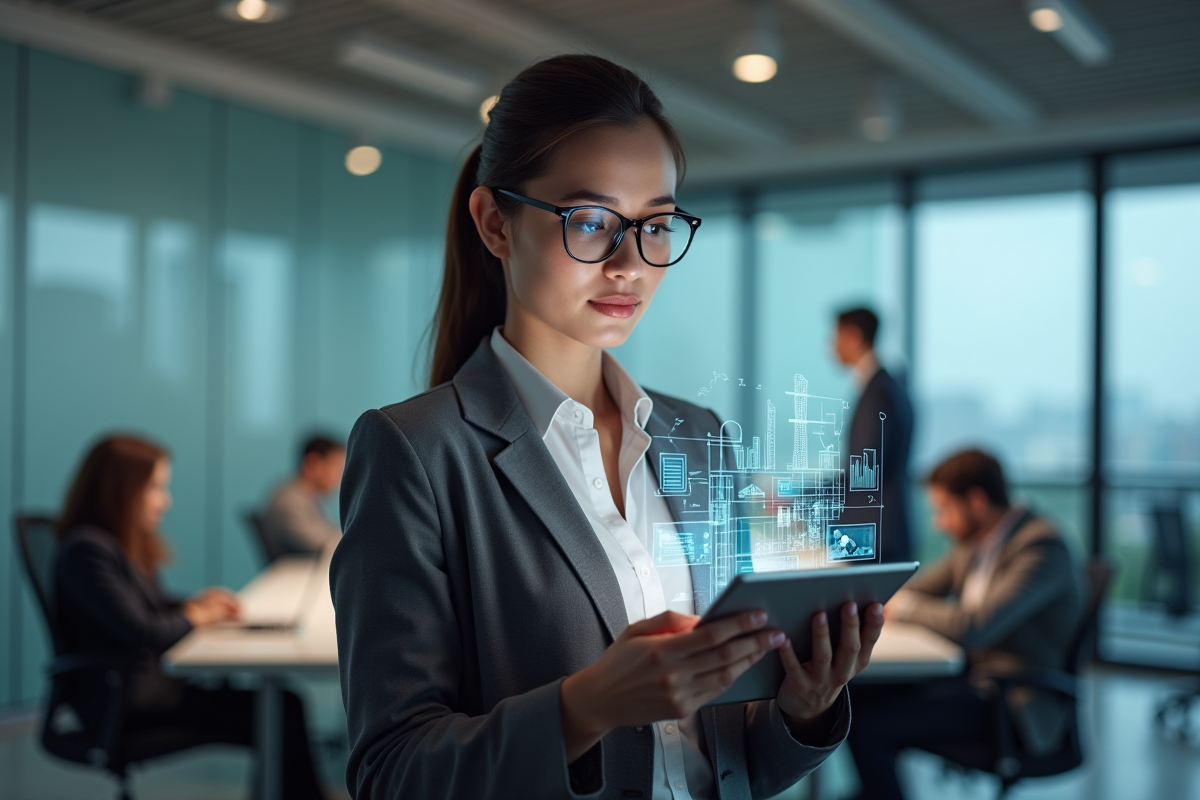 Jeune femme professionnelle avec réalité augmentée en bureau