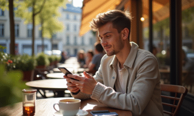 Jeune personne utilisant une application bancaire sur smartphone à Paris