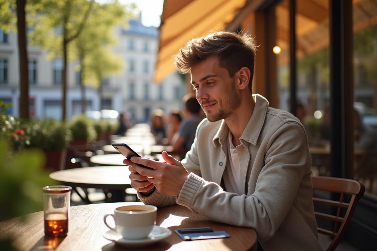 Jeune personne utilisant une application bancaire sur smartphone à Paris