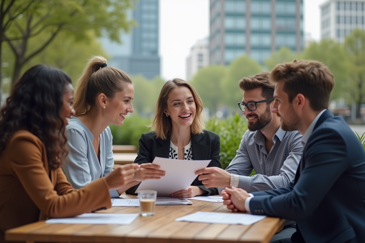 Jeunes professionnels discutant dans un café en ville