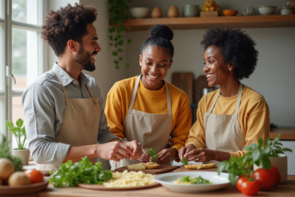 Jeunes adultes cuisinant ensemble dans une cuisine lumineuse