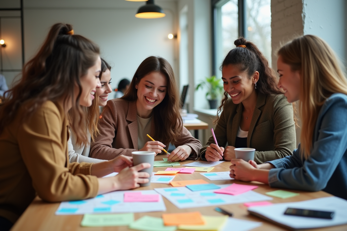 Groupe de jeunes millenials en brainstorming dans un espace de coworking