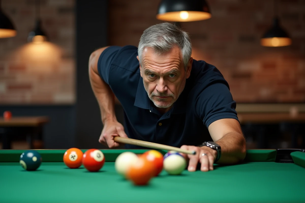 Joueur de billard concentré en polo marine visant avec sa queue sur une table avec douze billes dispersées dans un club moderne