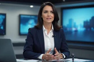 Journaliste engagée assise à un bureau de studio de télévision, gesticulant lors d'une intervention médiatique professionnelle