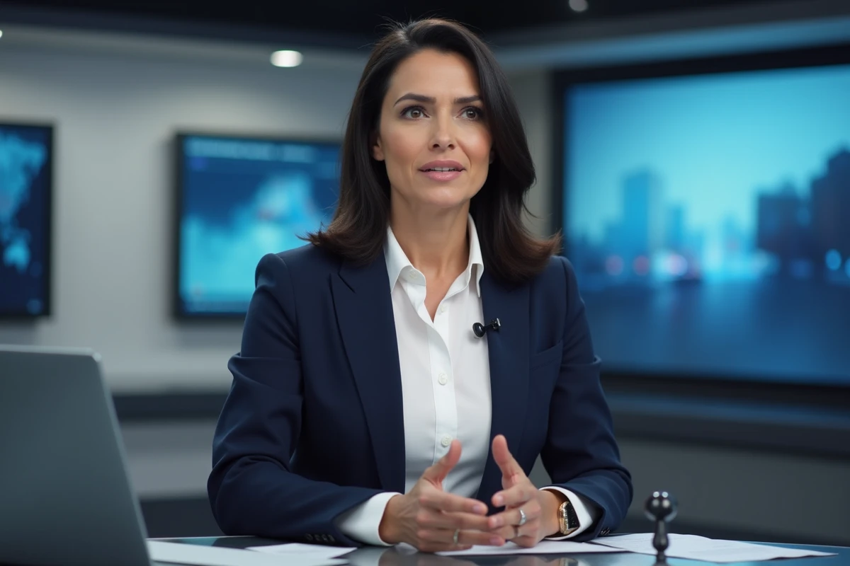 Journaliste engagée assise à un bureau de studio de télévision, gesticulant lors d'une intervention médiatique professionnelle