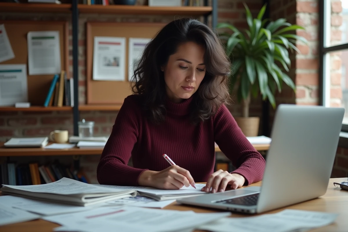 Journaliste concentrée à son bureau de rédaction, entourée d'articles imprimés et de notes manuscrites dans un bureau de presse