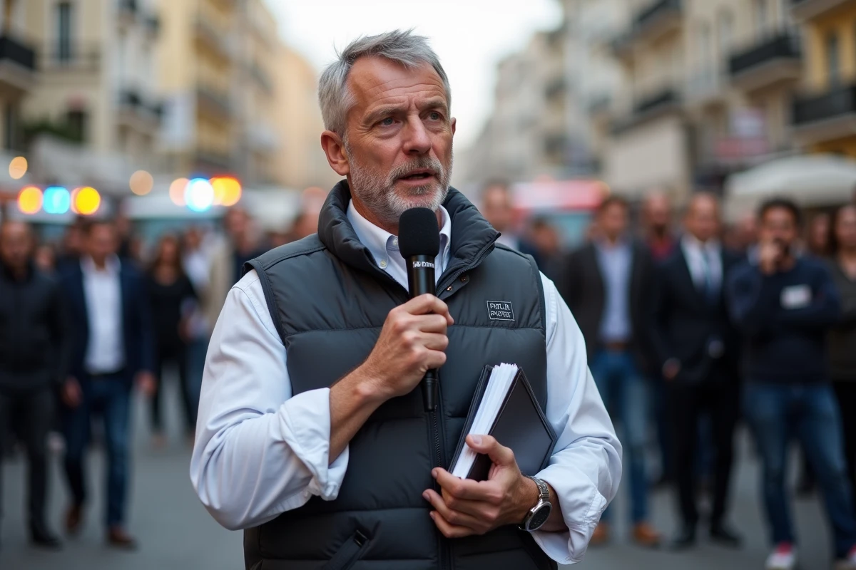 Journaliste en direct depuis les lieux d'un incident sécuritaire à Cannes devant une foule de badauds