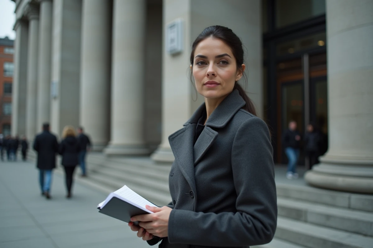 Journaliste de terrain debout devant un bâtiment institutionnel, carnet de notes en main, regard déterminé
